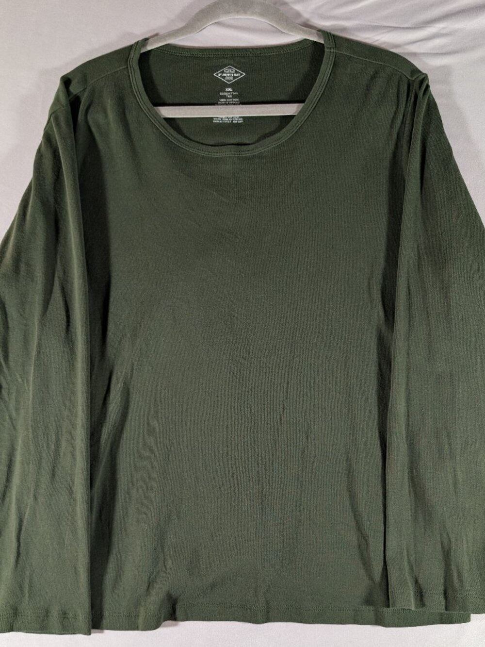 St. John's Bay men's essential long-sleeve crewneck tee in a versatile olive gre